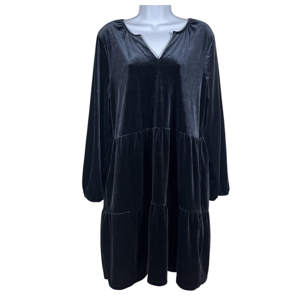 Gap Velvet Zen Mini Dress Womens M TALL Black V-Neck Tiered Holiday Party